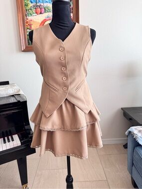 Classic Tan Tiered 2-pc Dress with Buttoned Vest